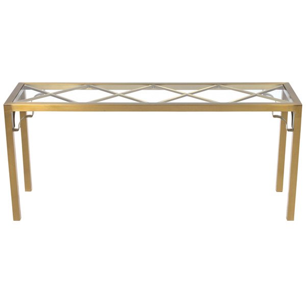 1960s console brass: 1960s console, brass, designer unknown, brass lattice work pattern covered by an inset glass top, original finish, unsigned, 59"w x 15"d x 26", very good original condition
