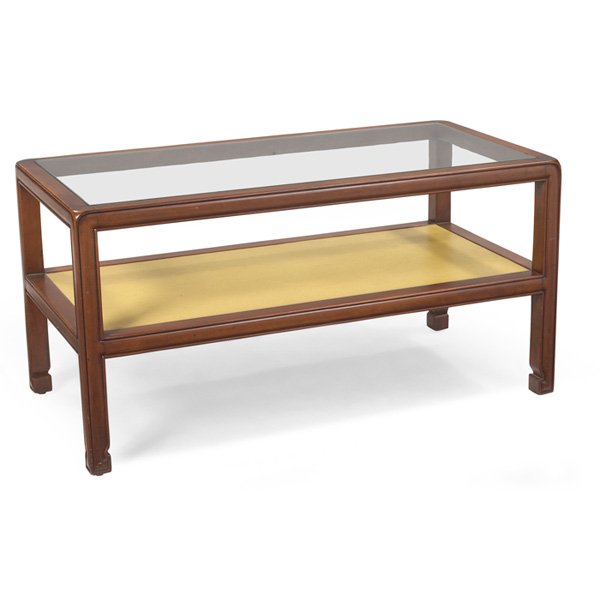 Tommi Parzinger coffee table Charak: Tommi Parzinger coffee table, by Charak, carved mahogany grame supports a lower surface covered in the original yellow leather and an inset glass top, original finish, unsigned, 36"w x 18"d x 18"h, ex