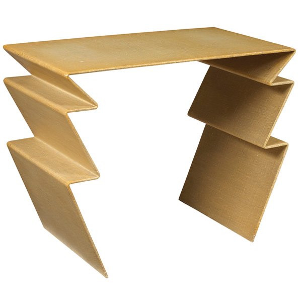 Randolph & Hein occasional table Leavitt Weaver 1970s: Randolph & Hein occasional table, by Leavitt Weaver, 1970s, original linen over a steel structure with folded architectural sides, 29.5"w x 16"d x 23.5"h, very good original condition