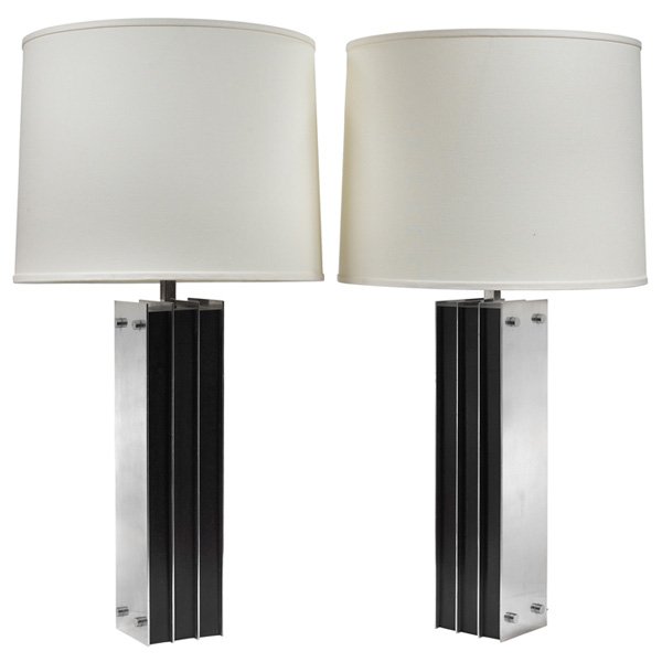 Laurel table lamps 1960s: Laurel table lamps, pair, USA, 1960s, Industrial design of aluminum and ebonized wood, bases: 5.5"w x 5"d x 20"h, with shades: 18.5"dia x 35"h, excellent original condition