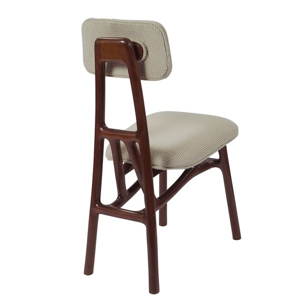 Mid-century occasional chair American craft movement st: Mid-century occasional chair, in the American craft movement style, sculptural walnut frame, seat and backrest reupholstered in ivory Knoll Cato fabric, unsigned, 16"w x 20"d x 34"h, very good conditi