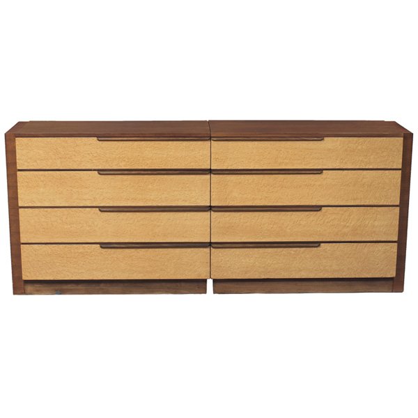 Gilbert Rohde cabinets Herman Miller: Gilbert Rohde cabinets, pair, by Herman Miller, model 3626 and 3627, bird's eye burl and walnut, each with four drawers, horizontal wood pulls, each top drawer with dividers and a wooden coin bowl, on