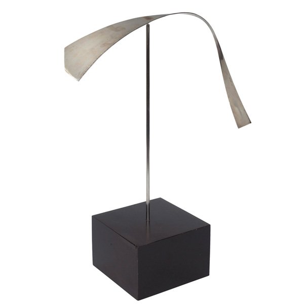 1960s kinetic stabile sculpture Kafka 68: 1960s kinetic stabile sculpture, polished steel element balances on a thin rod, square wood base, signed "Kafka 68", 14.5"w x 6"d x 18"h, very good original condition
