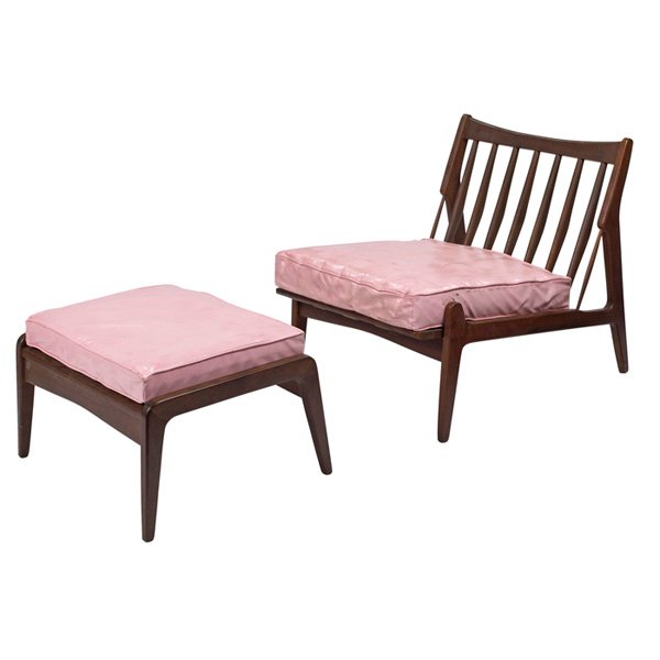 Selig lounge chair and ottoman, signed: Selig lounge chair and ottoman, USA, walnut, sculptural sides, spindled backrest, originally ordered for the model home at the Beverly Hills apartments, 10500 S. Walden Parkway, Chicago, original "Pal