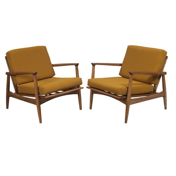 Danish lounge chairs 1960s: Danish lounge chairs, pair, 1960s, oak frames with sculptural armrests, cushions newly reupholstered in vintage gold/mustard wool fabric, 28"w x 31"d x 29"h, excellent condition