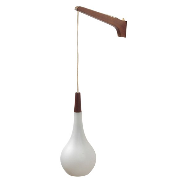 Danish wall lamp 1960s: Danish wall lamp, 1960s, a teak arm supports a frosted glass teardrop shade, original finish, shade is 5"dia x 12"h, bracket is 14.5"d. excellent original condition