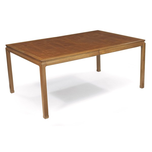 Edward Wormley dining table Dunbar: Edward Wormley dining table, by Dunbar, mahogany, 1950s, rectangular top with Asian-inspired legs and contrasting grain trim to edge of top, two 24" leaves, 66.5"w x 44.5"d x 29"h, very good condition