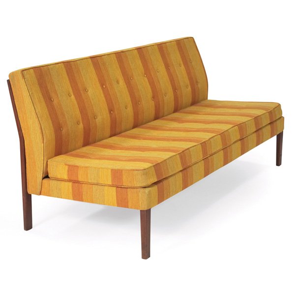Jens Risom armless sofa: Jens Risom armless sofa, by Jens Risom Design Inc., striped upholstery, walnut frame with exposed supports to back, signed with Jens Risom label, 73"w x 30"d x 31h", very good original condition