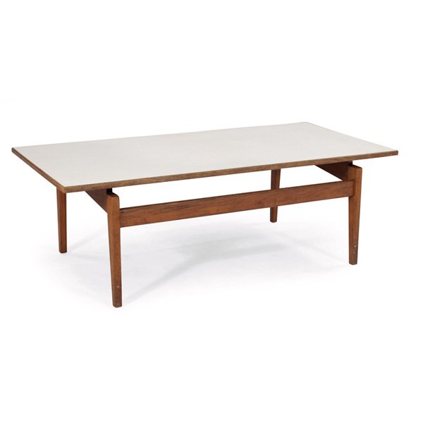 Jens Risom coffee table: Jens Risom coffee table, by Jens Risom Designs, Inc., walnut frame supports a white laminate top, original finish, 48"w x 24"d x 16"h, very good original condition
