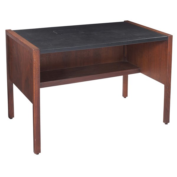 Jens Risom small console or storage cabinet: Jens Risom small console or storage cabinet, walnut, one shallow built-in shelf, original black leather to top, original finish, signed, 37"w x 21"d x 25.5"h, scratch to leather, good original conditi