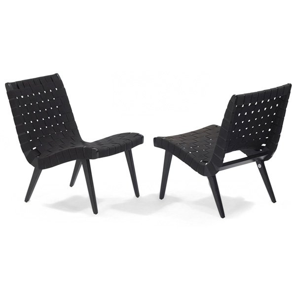 Jens Risom lounge chairs Knoll: Jens Risom lounge chairs, pair, by Knoll, ebonized wood frames with cotton webbest seats, original finish, signed with Knoll metal tag, 20"w x 27"d x 30"h, very good original condition