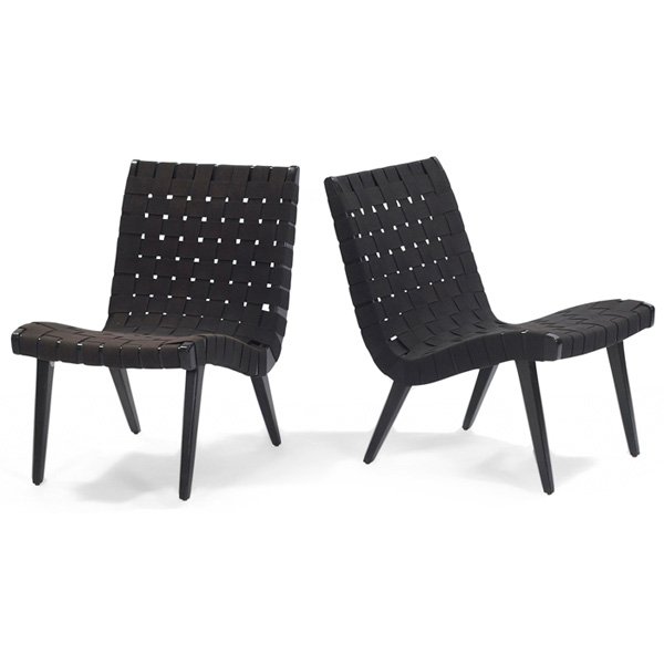 Jens Risom lounge chairs Knoll: Jens Risom lounge chairs, pair, by Knoll, ebonized wood frames with cotton webbest seats, original finish, signed with Knoll metal tag, 20"w x 27"d x 30"h, very good original condition