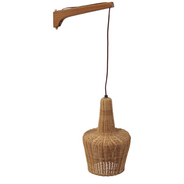 1960s wall lamp Gerald Thurston: 1960s wall lamp, in the manner of Gerald Thurston, a teak arm supports a wicker shade, unsigned, original finish, shade is 8"dia x 12"h, bracket is 14.5"d, excellent original condition