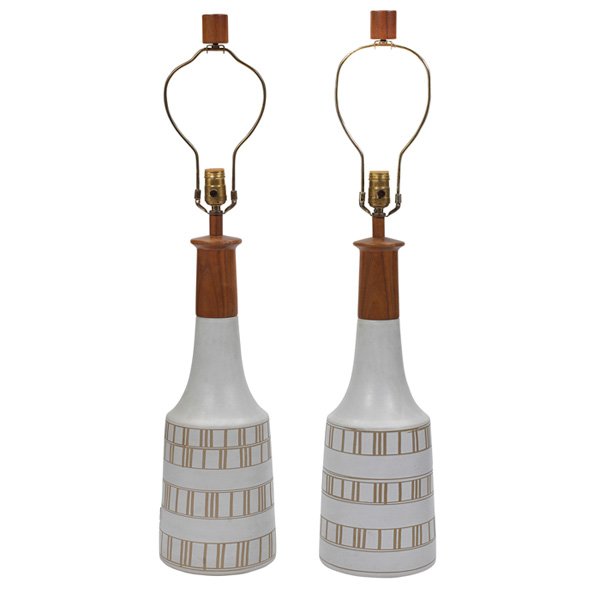 Gordon and Jane Martz table lamps Marshall Studios: Gordon and Jane Martz table lamps, pair, for Marshall Studios, glazed white ceramic with vertical line decoration, walnut tops, original finish, original matching wood finals, signed, 7.5"dia x 33.5"h