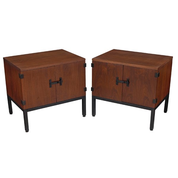 Kipp Stewart end tables or night stands Directional: Kipp Stewart end tables or night stands, pair, by Directional, walnut, each with two doors featuring the original hardware and locking mechanism, backs are finished, each signed with Directional label