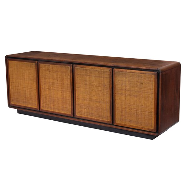 Richard W. Thompson cabinet Glenn of California: Richard W. Thompson cabinet, by Glenn of California, walnut case with rounded corners, four doors with the original caned fronts, platform base, center doors conceal a large drawer and one shelf, left