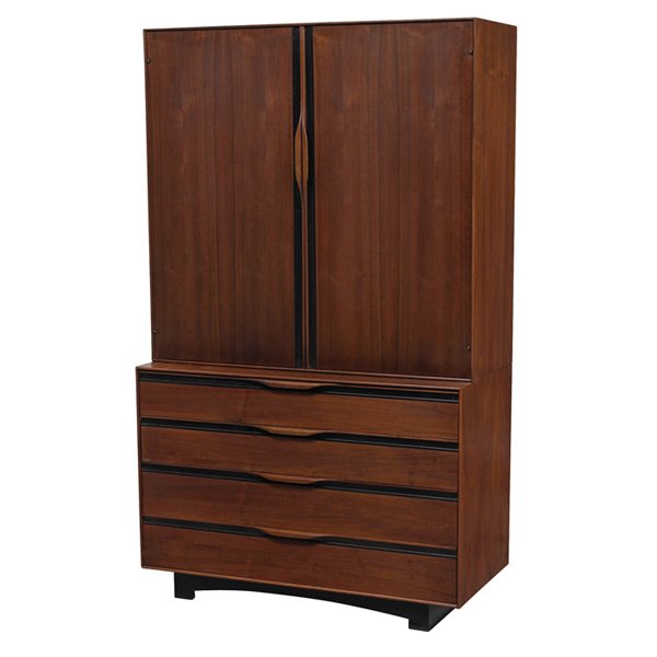 John Kapel tall chest Glenn of California: John Kapel tall chest, by Glenn of California, walnut, removable upper cabinet with two doors concealing shelves, drawers and a mirrored door, lower cabinet with four drawers, black trim to handles, o