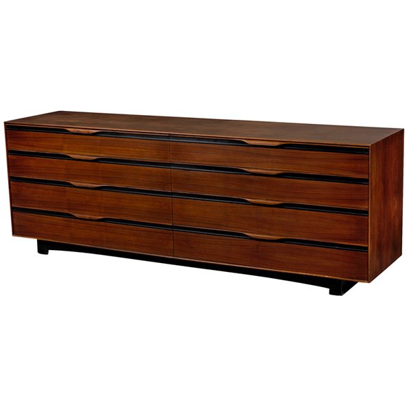 John Kapel dresser Glenn of California, 8 drawers: John Kapel dresser, by Glenn of California, walnut, eight drawers with black trim to handles, original finish, signed with Glenn Arcadia tag, 83.5"w x 20"d x 29.5"h, some regluing to drawer bottoms, g