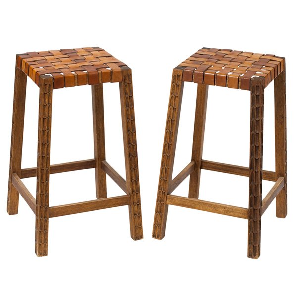 Mexican bar stools: Mexican bar stools, pair, carved Honduran Mahogany legs support the original tan leather strap seats, original finish, 18"w x 18"d x 29"h, seat is 14" x 14", very good original condition