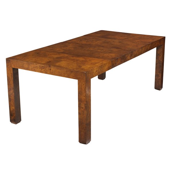 Milo Baughman dining table Directional: Milo Baughman dining table, by Directional, square form of olive ash burled wood, two 20" leaves, original finish, 39"w x 39"d x 29.5"h, with leaves: 79"w, shown with leaves, very good original condit