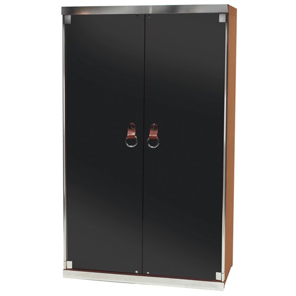 Guido Faleschini cabinet Mariani Italy: Guido Faleschini cabinet, by Mariani, Italy, tall cabinet two smoked glass doors with the original ring pulls with tan leather trim, interior is lighted, back and sides covered in felt type fabric, si