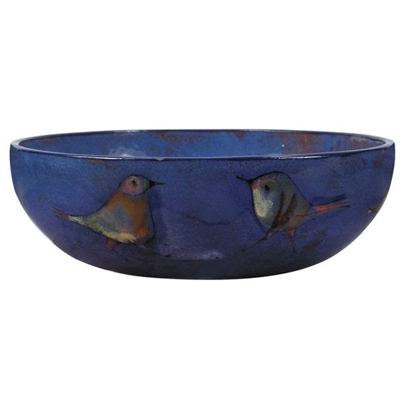 Poila Pillin bowl: Large Polia Pillin bowl, low form with 7 hand-painted bird, bright blue glaze, signed "Pillin", 12"dia x 4"h, glaze flakes to rim, good original condition