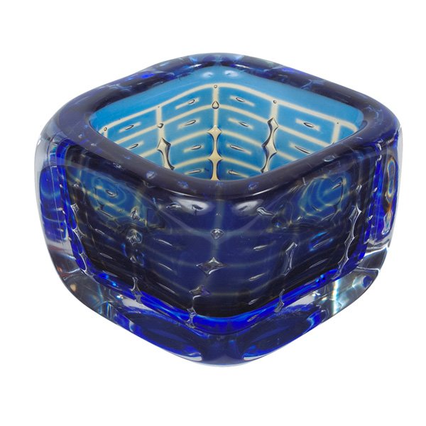 Edvin Ohrstrom Ariel vase, Orrefors: Edvin Ohrstrom Ariel vase, for Orrefors, low square bowl in midnight blue with geometric clear air trap pattern, signed "Orrefors Ariel NE Edvin Ohrstrom", 4.5"w x 4.75"d x 3"h, mint condition