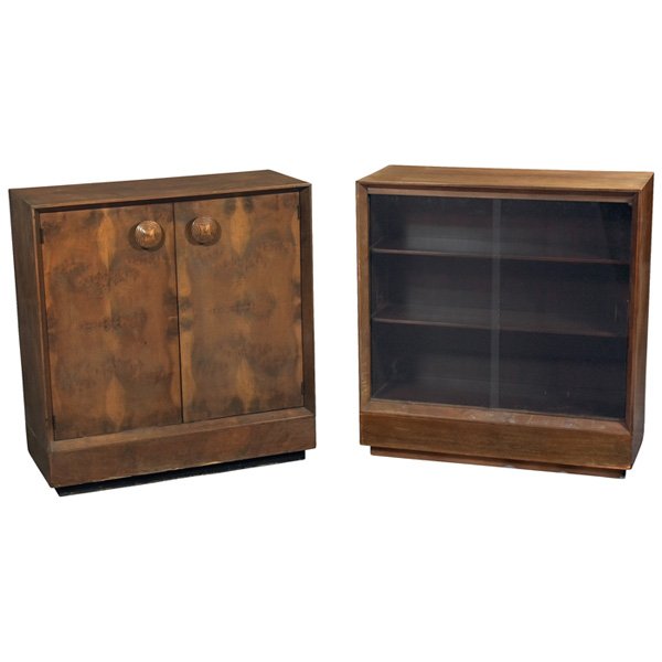 Gilbert Rohde cabinets Herman Miller: Gilbert Rohde cabinets, pair, by Herman Miller, models 4103 and 4102, one with two doors with the original wood knobs, one with shelves and sliding glass doors, signed with stenciled marks to backs, e