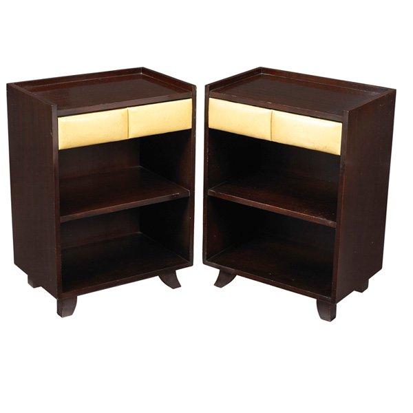 Gilbert Rohde nightstands Herman Miller 1940s: Gilbert Rohde nightstands, pair, by Herman Miller, 1940s, model 4140, mahogany cases, each with one padded drawer with original leatherette upholstery, one fixed shelf, signed with "4140" stencil, 18"