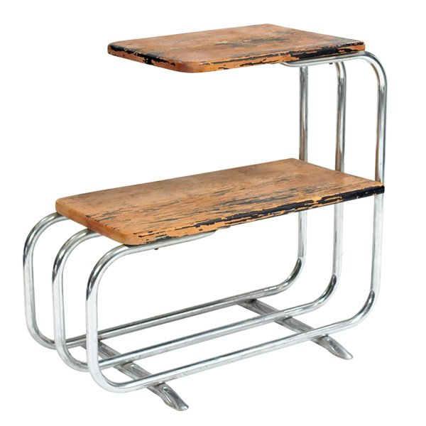 Alfons Bach side table Lloyd: Alfons Bach side table, by Lloyd, two wood shelves supported by a tubular chrome frame, signed with Lloyd label, original finish is very worn, 11.5"w x 25"d x 23"h, good original condition