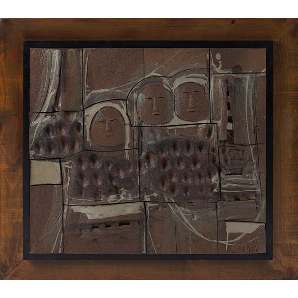 Clyde Burt ceramic wall sculpture: Clyde Burt ceramic wall sculpture, stoneware composition covered in white, gray and textured brown glaze, incised signature "C. Burt", in the original wood frame, framed size: 32.5"w x 28.5"h, ceramic