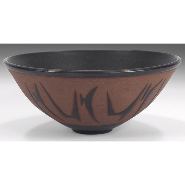 Clyde Burt bowl: Clyde Burt bowl, brown glazed interior, geometric designs to exterior, signed with "Clyle Burt" mark, 7.75"dia x 3.25"h, some factory flaws, mint condition