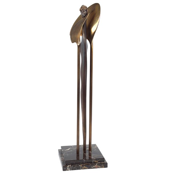 Modern sculpture bronze McLean: Modern sculpture, bronze, two calla lilies surround an elongated female form, three elements mounted on a black marble base, signed "McLean 1988", 8"w x 8"d x 28.5"h, excellent original condition