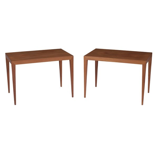 Severin Hansen teak occasional tables Denmark: Severin Hansen teak occasional tables, pair, Denmark, rectangular tops over tapered legs, original finish, each signed with paper labels, 27.5"w x 17.5"d x 19.75"h, very good original condition