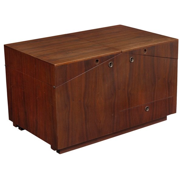 Selig bar cart Denmark: Selig bar cart, Denmark, walnut, low rectangular form with two lift-open tops that reveal black laminate work spaces, interior contains bottle storage compartments and a removable tray, original finis