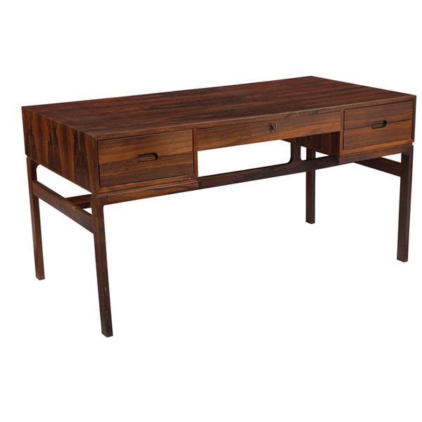 Arne Wahl Iverson Partner's desk Vinde Mobelfabrik Denm: Arne Wahl Iversen Partner's desk, by Vinde Mobelfabrik, Denmark, rosewood, rectangular top over five small drawers and one central shallow locking door, opposite side features open compartments, signe