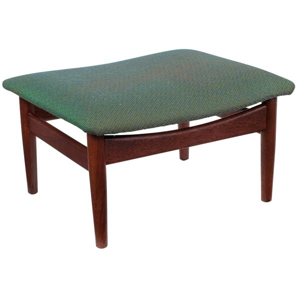 Finn Juhl ottoman France & Sons Denmark: Finn Juhl ottoman, by France & Sons, Denmark, teak, green wool upholstery, refinished, unsigned, 24"w x 20"d x 13"h, very good condition