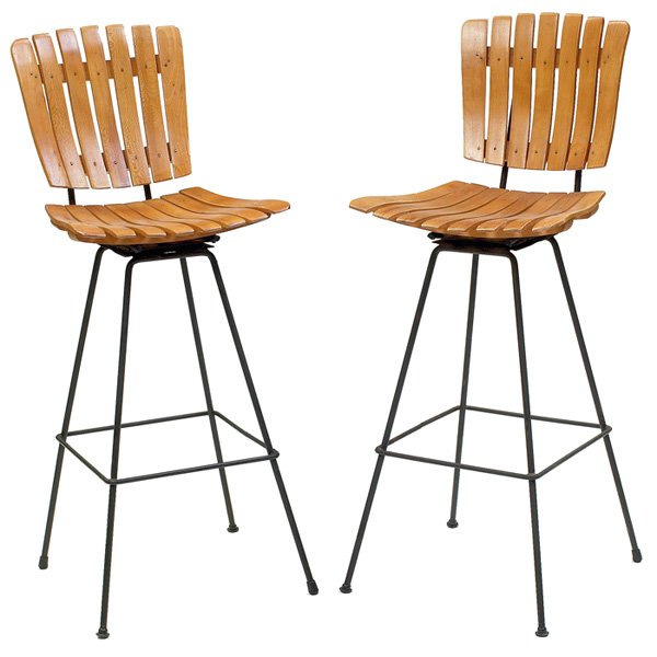 Raymor bar stools, pair: Raymor bar stools, pair, swiveling wood slat seat and back over wrought iron frames, some feet have been replaced, 17"w x 20"d x 42"h, very good original condition