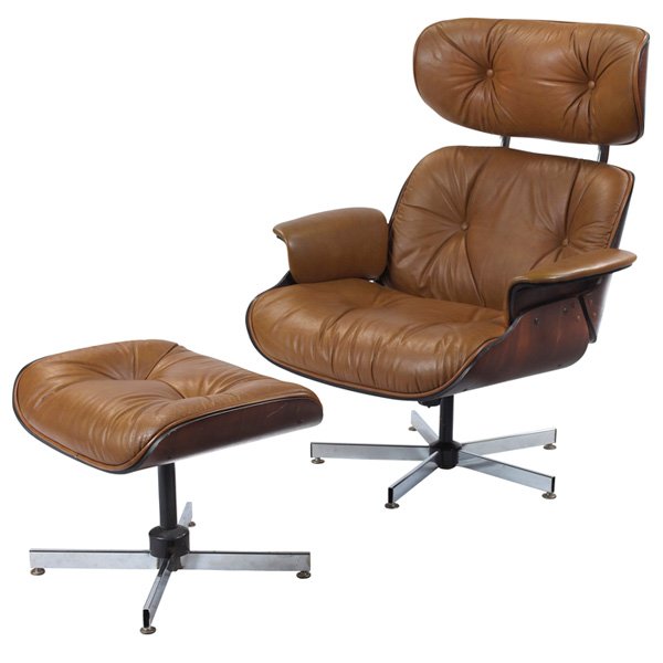 George Mulhauser lounge chair and ottoman Plycraft: George Mulhauser lounge chair and ottoman, by Plycraft, molded walnut shell, five-point chromed steel base, original tan leather upholstery, 25"w x 35"d x 40"h, ottoman" 21"w x 17"d x 16"h, very good