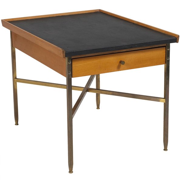 Milo Baughman end table Murray: Milo Baughman end table, by Murray, solid brass frame with tapered feet supports a maple top with the original black leather surface, one drawer with the original pull, original finish, 20.5"w x 26"d