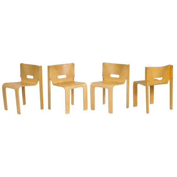 Keith Muller & Michael Stewart stacking chairs: Keith Muller and Michael Stewart stacking chairs, four, Canada, c. 1968, laminated bent birch plywood, molded seats with cutout to backrests, original finish, unsigned, 19.5"w x 19"d x 29"h, very good