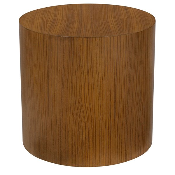 Milo Baughman occasional table: Milo Baughman occasional table, attribution, drum form covered in exotic wood veneer, unsigned, refinished, 22"dia x 21.5"h, excellent condition