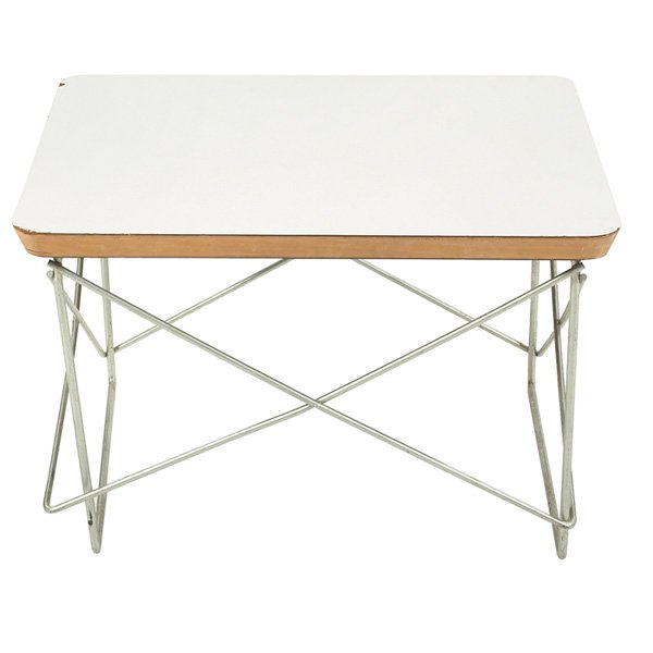 Charles and Ray Eames LTR table Herman Miller: Charles and Ray Eames LTR table, by Herman Miller, c.1970, white laminated solid birch top over a zinc base, 15.5"w x 13"d x 10"h, chip, base is bent, fair condition
