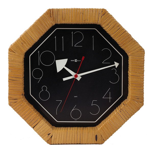 George Nelson Associates wall clock Howard Miller: George Nelson Associates wall clock, by Howard Miller, black face, original caned trim, signed with Howard Miller label and stenciled mark "622-651", 14.5"dia, very good original condition