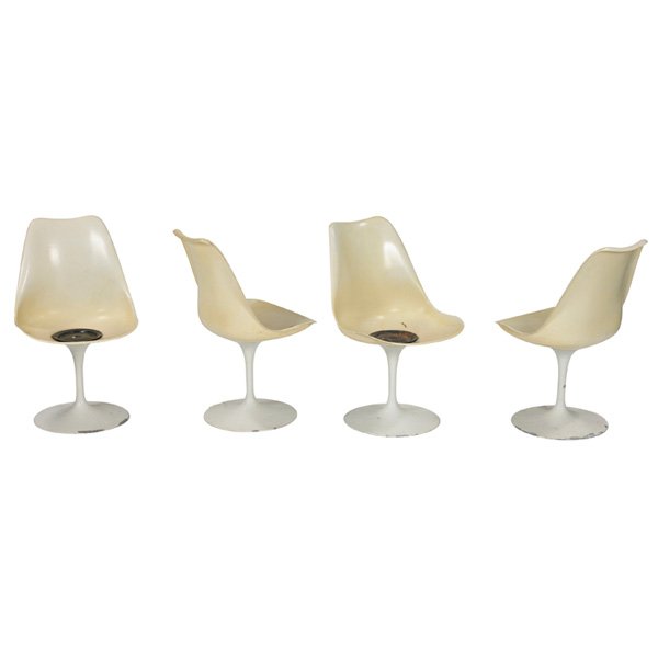 Eero Saarinen Tulip chairs Knoll Associates 1950s: Eero Saarinen Tulip chairs, four by Knoll Associates, 1950s, white seats, enameled aluminum bases, no cushions, shells not attached to bases, each with faded Knoll label, 19.5"w x 20"d x 32"h, fair co