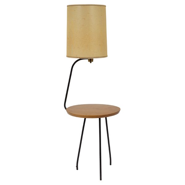 1950s lamp table Luther Conover: 1950s lamp table, in the style of Luther Conover, round birch table, wrought iron frame with three legs, replaced shade, original finish, 19"w x 21"d x 59"h, table top: 23"h, good original condition