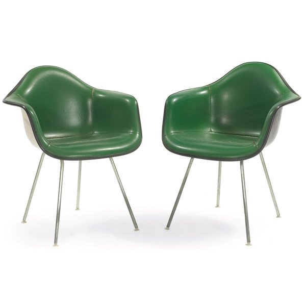Charles & Ray Eames shell chairs Herman Miller: Charles & Ray Eames shell chairs, pair, by Herman Miller, one white shell and one gray shell, each with the original green vinyl upholstery, 25"w x 22"d x 31.5"h, tears to upholstery, fair condition