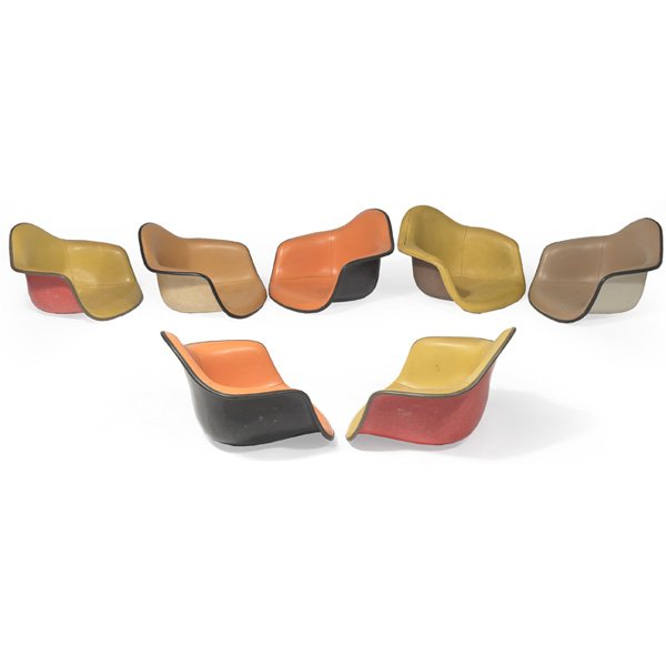 Charles & Ray Eames shells Herman Miller, seven: Charles & Ray Eames shells, group of seven, by Herman Miller, fiberglass shells, all with the original vinyl upholstery, 25"w x 23"d x 16"h, no bases, good original condition