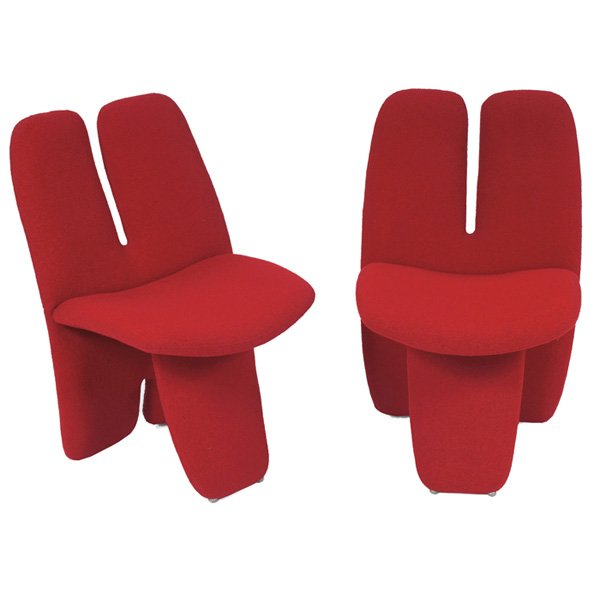 1960s chairs: 1960s chairs, pair, designer unknown, H-shaped backs with a single leg supporting the seat, original nubby red wool, unsigned, 21,5"w x 23"d x 34.5"h, very good original condition