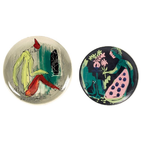 Marc Bellaire Mardi Gras platter, ceramic plate, seated: Large Marc Bellaire "Mardi Gras" platter, with a smaller plate, hand-painted ceramic, each signed "Marc Bellaire", large seated figure plate also marked with a paper Exhibition label, seated figure: 1
